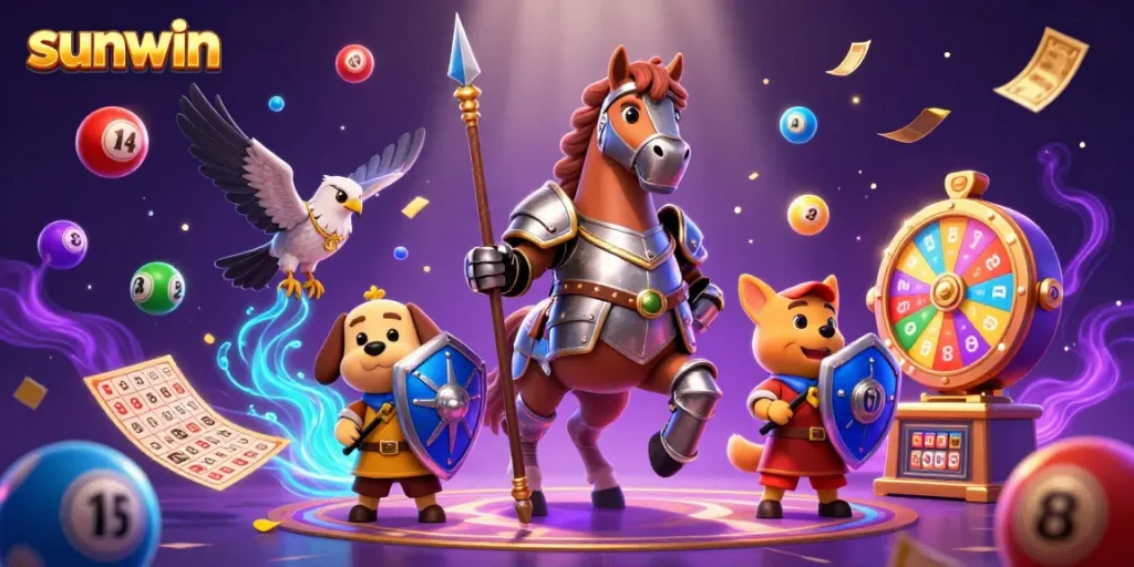 Join the action at sunwin with a dynamic scene filled with lottery elements and animated characters.