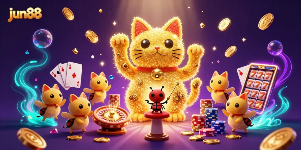 Engage with jun88's vibrant casino world featuring golden fireflies and lucky symbols.