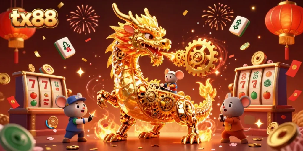 Experience tx88's thrilling casino adventure with a golden dragon and festive elements in a vibrant scene.