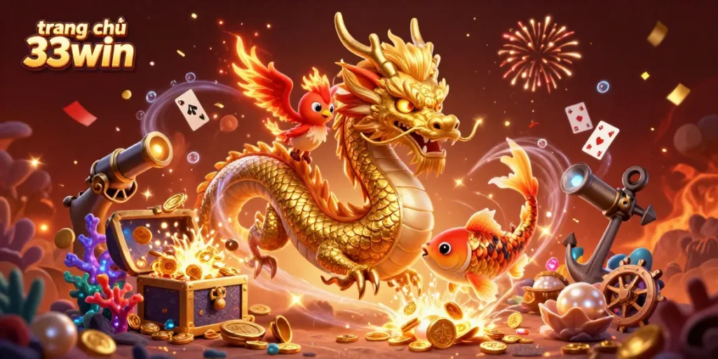 Experience the thrill of the casino at trang chủ 33win with an epic 3D dragon illustration.