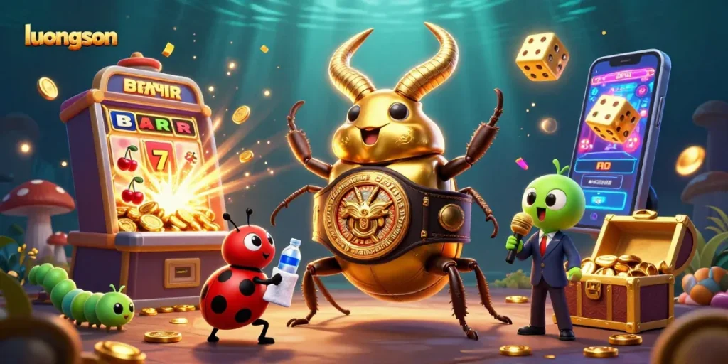 Engage with luongson in a vivid 3D casino illustration showcasing vibrant game elements and dynamic characters.