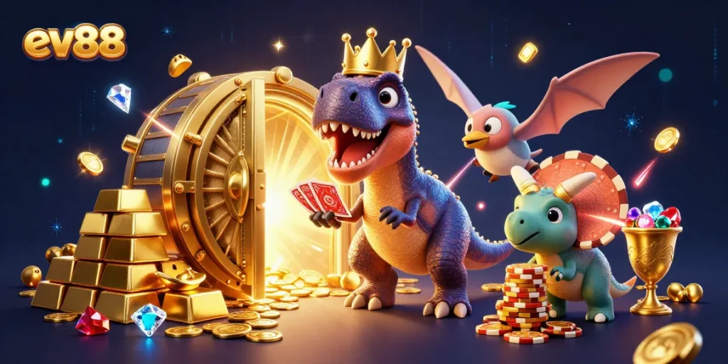 Join the fun at ev88 with vibrant characters and stunning casino elements in this dynamic scene.